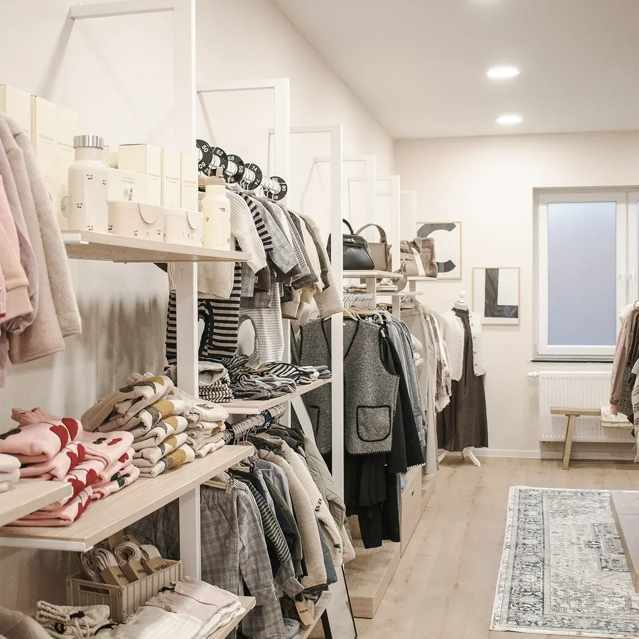 Regale mit Kleidung und Dekoartikeln im Geschäft Concept L